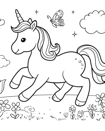 Coloriage Licorne dans un Champ de Fleurs Maternelle - Dessin Licorne Facile et Papillons à Imprimer Gratuit