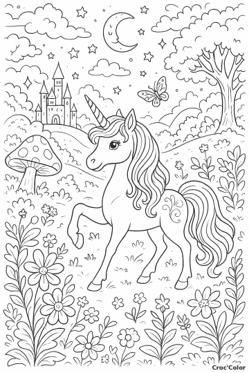 Coloriage Licorne et Château Magique - Dessin Licorne Féerique à Imprimer Gratuit