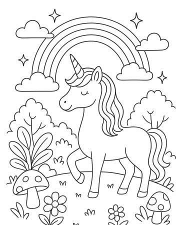 Coloriage Licorne Facile et Arc-en-Ciel - Dessin Magique à Imprimer