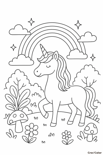 Coloriage Licorne Facile et Arc-en-Ciel - Dessin Magique à Imprimer