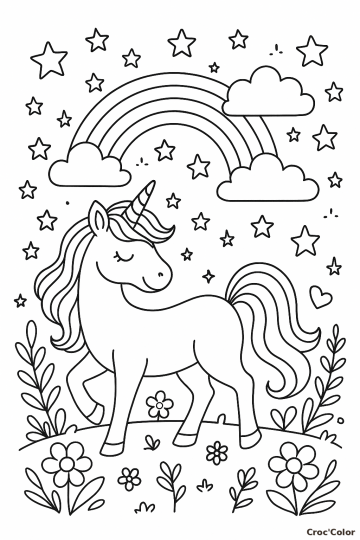 Coloriage Licorne et Ciel Étoilé Facile - Dessin Arc-en-Ciel à Imprimer