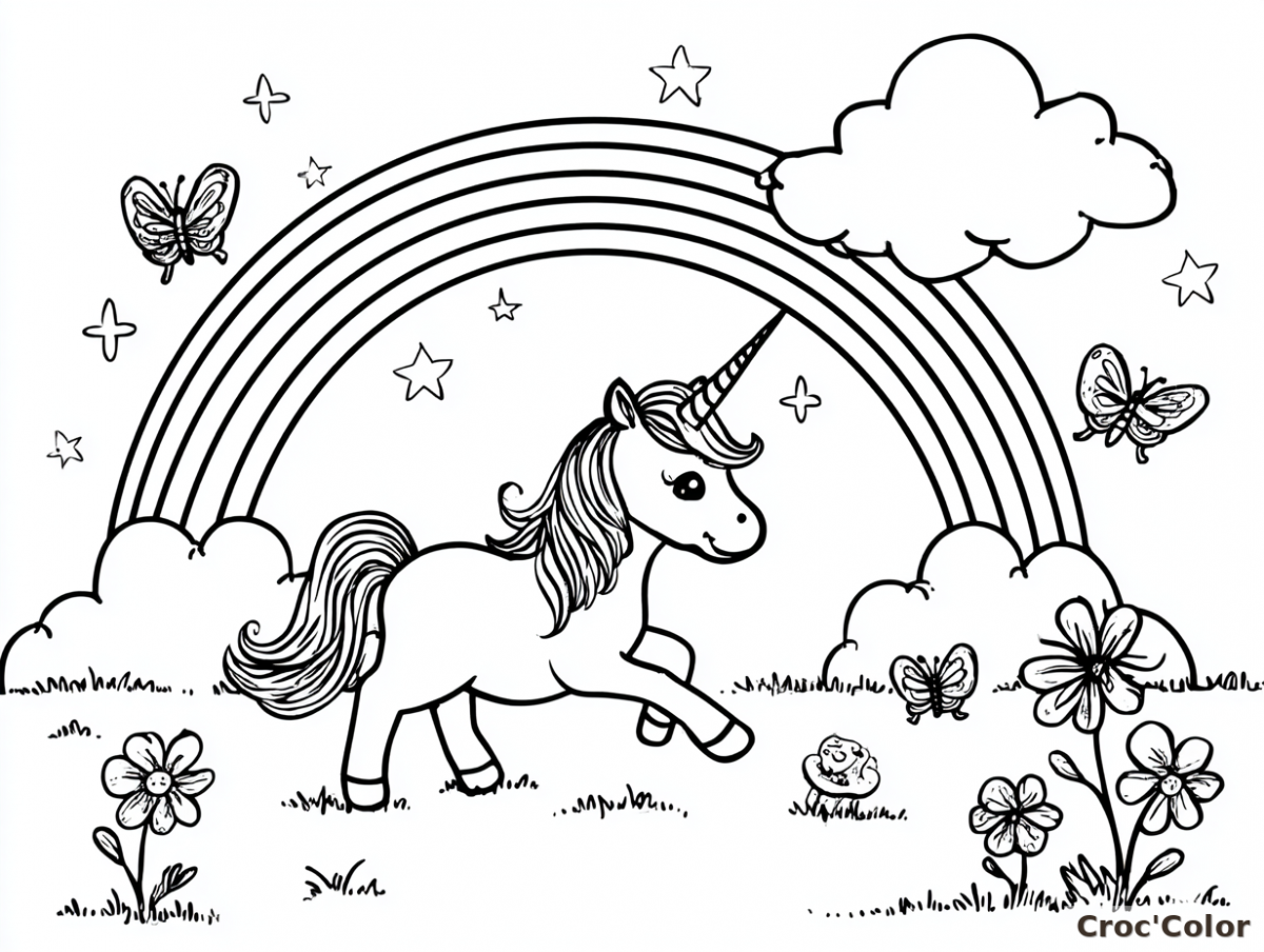 Coloriage Licorne Facile Maternelle - Dessin Licorne et Arc-en-Ciel à Imprimer Gratuit