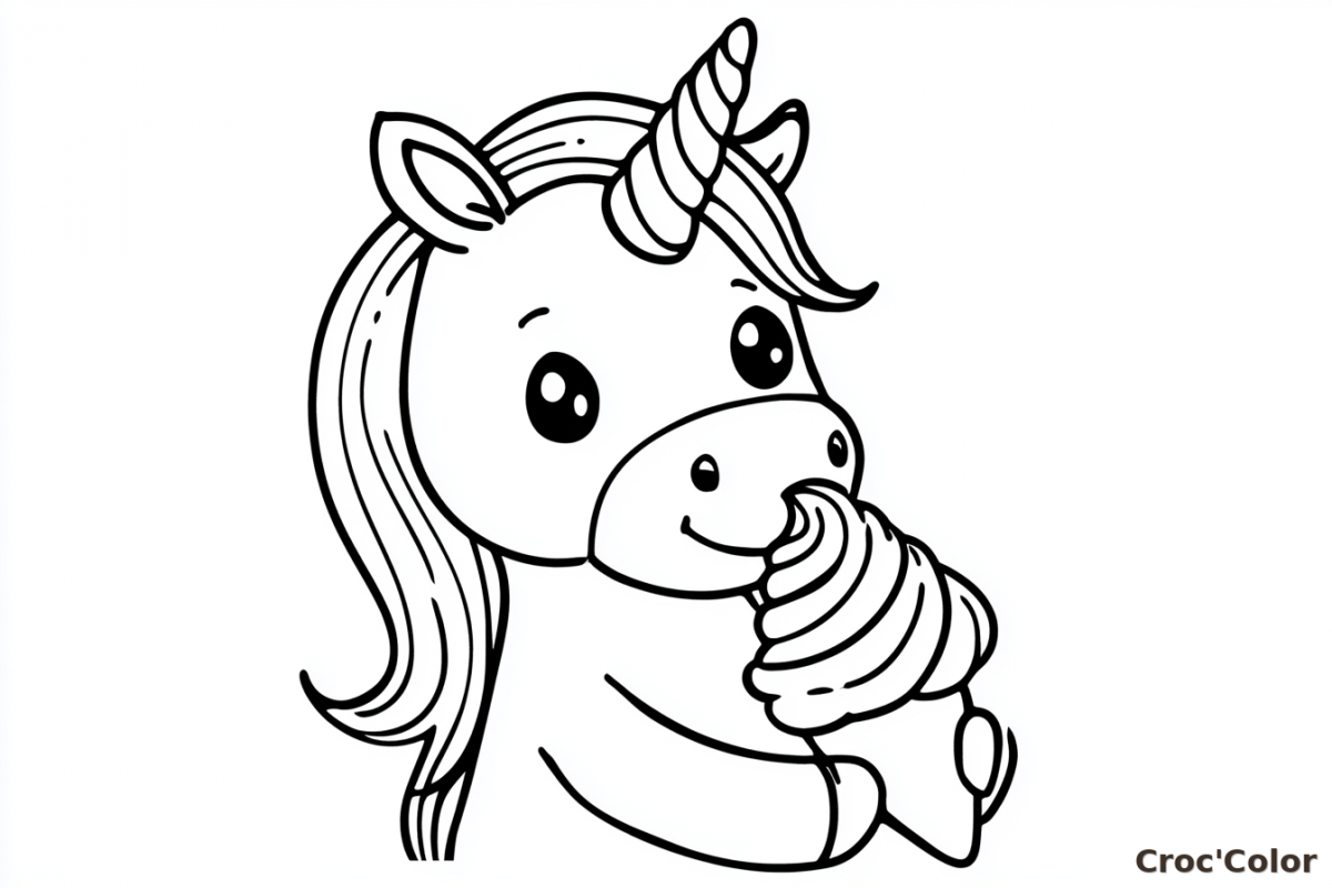 Coloriage Licorne avec une Glace Maternelle - Dessin Licorne Kawaii Facile à Imprimer Gratuit