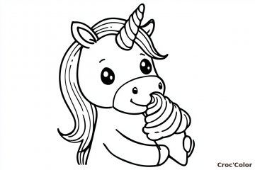 Coloriage Licorne avec une Glace Maternelle - Dessin Licorne Kawaii Facile à Imprimer Gratuit