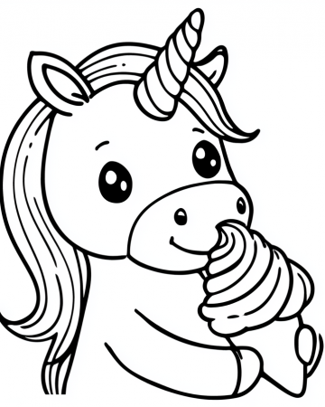Coloriage Licorne avec une Glace Maternelle - Dessin Licorne Kawaii Facile à Imprimer Gratuit