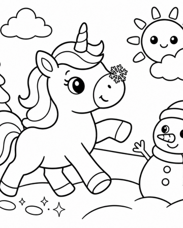 Coloriage Licorne en Hiver et Bonhomme de Neige - Dessin Licorne Mignonne sous la Neige à Imprimer Gratuit