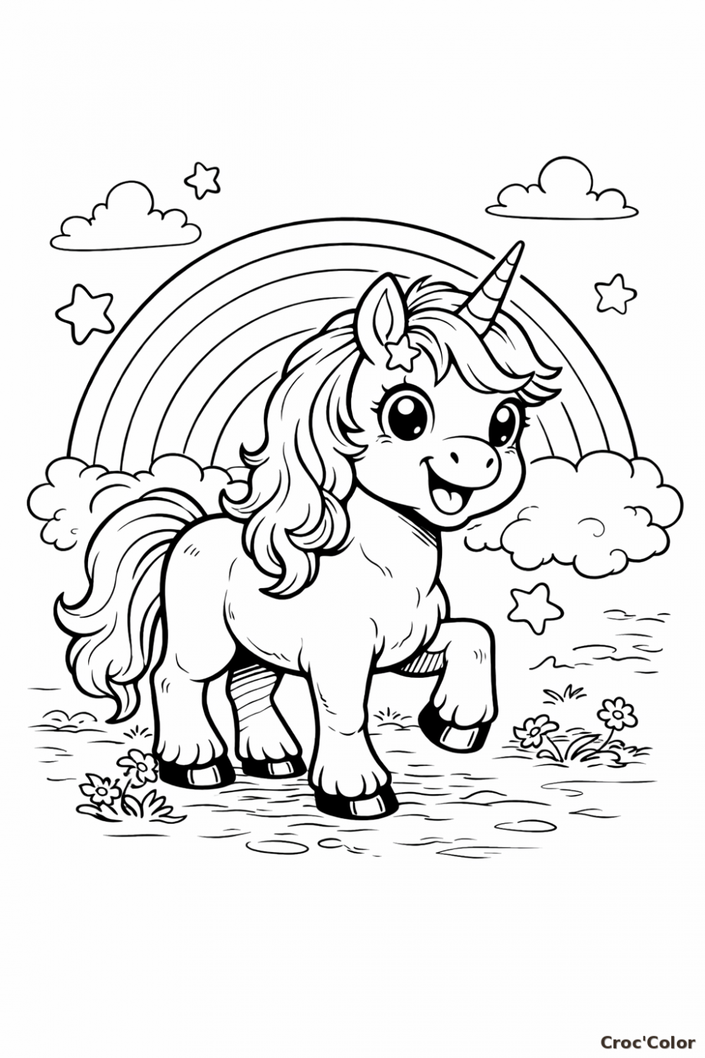 Coloriage Licorne Kawaii avec Arc-en-ciel et Étoiles - Dessin Magique à Imprimer