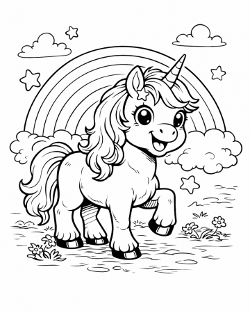 Coloriage Licorne Kawaii avec Arc-en-ciel et Étoiles - Dessin Magique à Imprimer