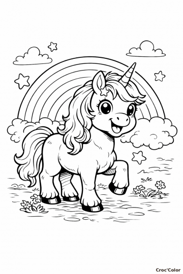 Coloriage Licorne Kawaii avec Arc-en-ciel et Étoiles - Dessin Magique à Imprimer