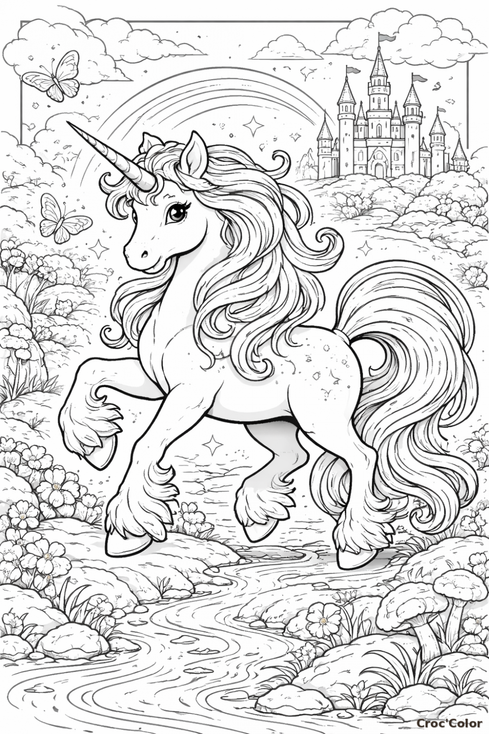 Coloriage Licorne Magique et Château Fort - Dessin Féerique à Imprimer