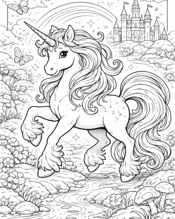 Coloriage Licorne Magique et Château Fort - Dessin Féerique à Imprimer