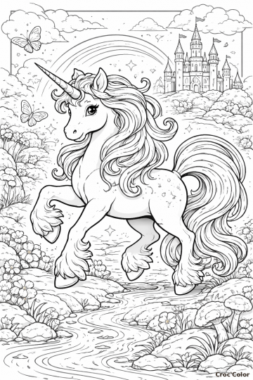 Coloriage Licorne Magique et Château Fort - Dessin Féerique à Imprimer