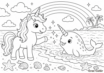 Coloriage Licorne et Narval sur la Plage - Dessin Licorne Magique et Licorne de Mer à Imprimer Gratuit