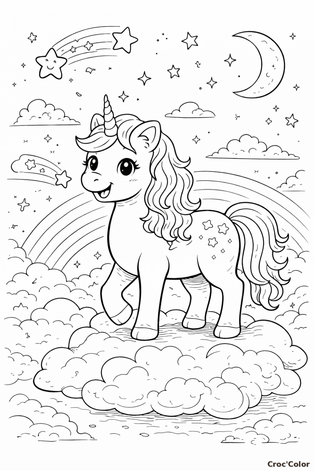 Coloriage Licorne sur un Nuage dans le Ciel - Dessin Étoile et Arc-en-Ciel à Imprimer
