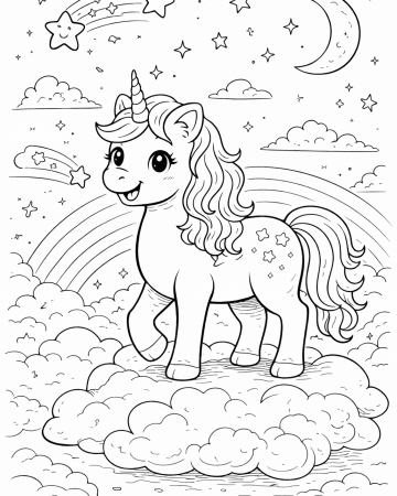 Coloriage Licorne sur un Nuage dans le Ciel - Dessin Étoile et Arc-en-Ciel à Imprimer
