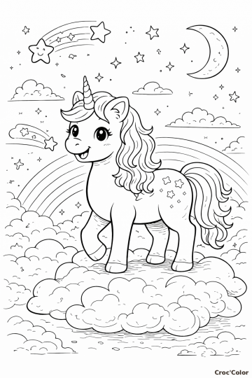 Coloriage Licorne sur un Nuage dans le Ciel - Dessin Étoile et Arc-en-Ciel à Imprimer