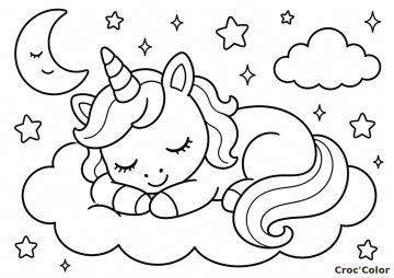 Coloriage Licorne Nuage Facile Maternelle - Dessin Licorne qui Dort à Imprimer Gratuit