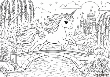 Coloriage Licorne sur un Pont - Dessin Licorne Magique devant son Château à Imprimer Gratuit
