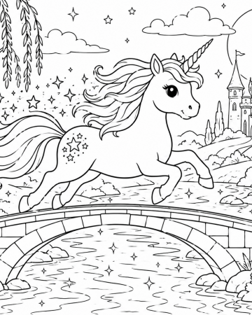 Coloriage Licorne sur un Pont - Dessin Licorne Magique devant son Château à Imprimer Gratuit