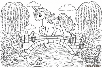 Coloriage Licorne sur un Pont Facile - Dessin Rivière et Grenouille à Imprimer