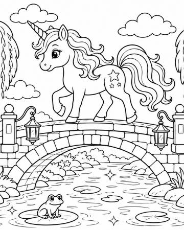 Coloriage Licorne sur un Pont Facile - Dessin Rivière et Grenouille à Imprimer