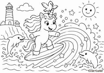 Coloriage Licorne Surfeuse et Dauphins - Dessin Licorne Surf, Vague Arc-en-Ciel, Phare et Dauphins à Imprimer Gratuit
