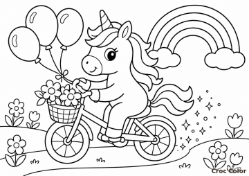 Coloriage Licorne à Vélo et Ballons - Dessin Licorne Mignonne à Bicyclette à Imprimer Gratuit