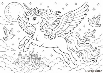 Coloriage Licorne Volante Pégase et Château - Dessin Licorne Magique avec Ailes à Imprimer Gratuit