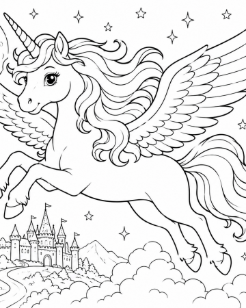 Coloriage Licorne Volante Pégase et Château - Dessin Licorne Magique avec Ailes à Imprimer Gratuit