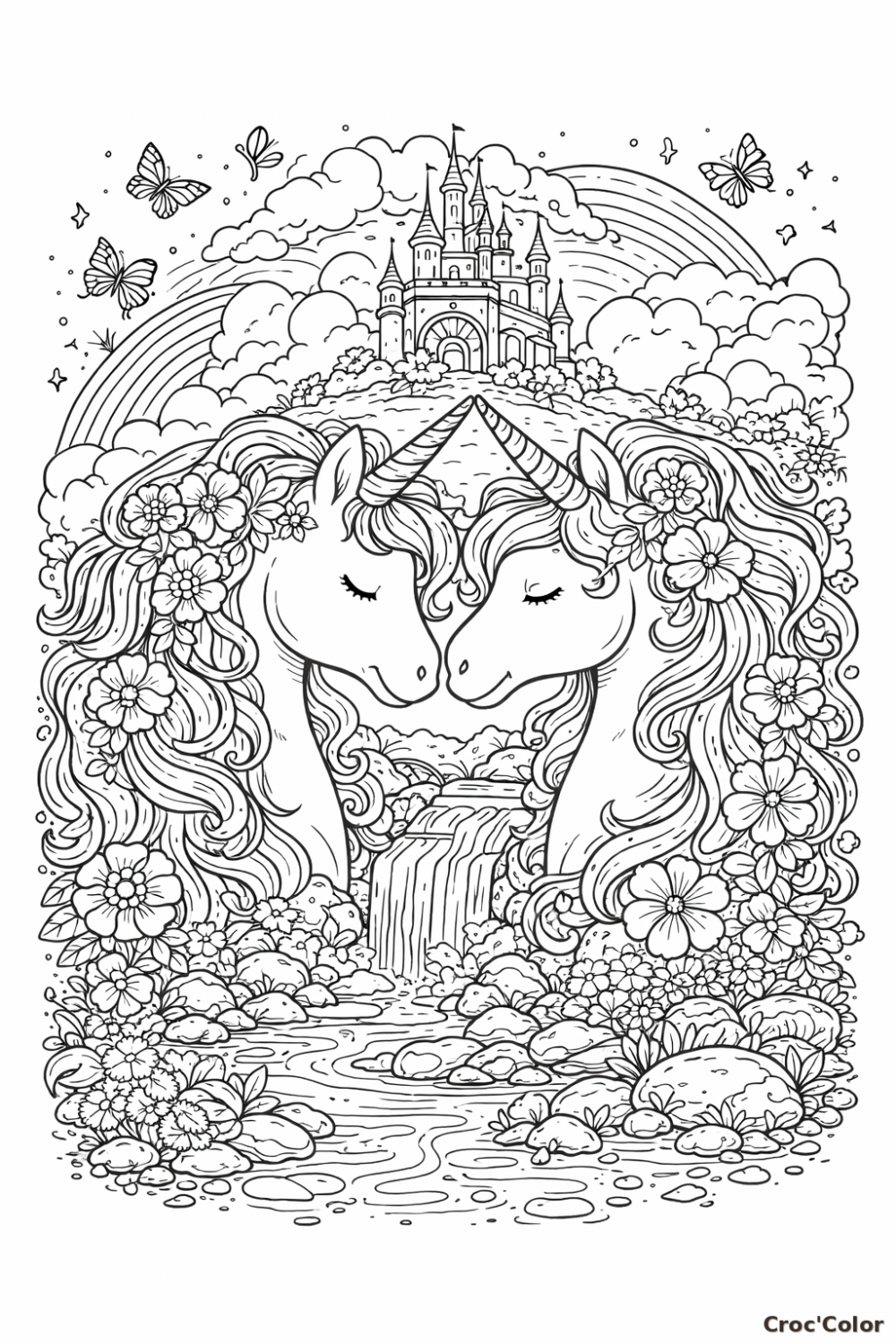Coloriage Licornes Féeriques et Château Magique - Dessin Complexe à Imprimer
