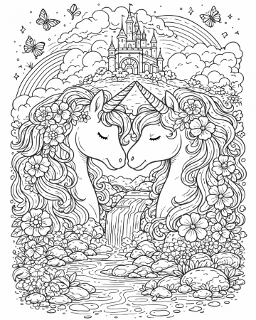 Coloriage Licornes Féeriques et Château Magique - Dessin Complexe à Imprimer