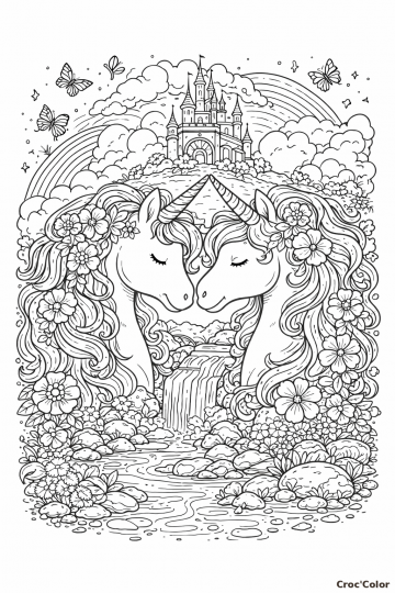 Coloriage Licornes Féeriques et Château Magique - Dessin Complexe à Imprimer