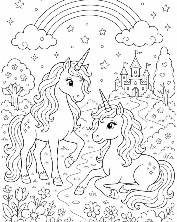 Coloriage Licornes Magiques et Château Enchanté - Dessin Féerique à Imprimer