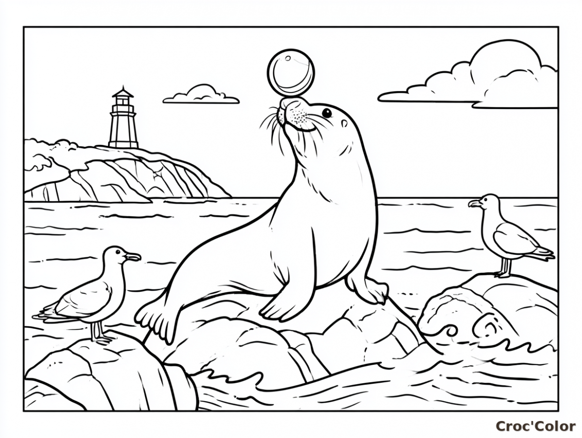 Coloriage Lion de Mer Joueur - Dessin Otarie avec Ballon et Phare à Imprimer Gratuit