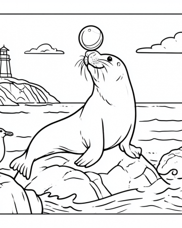 Coloriage Lion de Mer Joueur - Dessin Otarie avec Ballon et Phare à Imprimer Gratuit