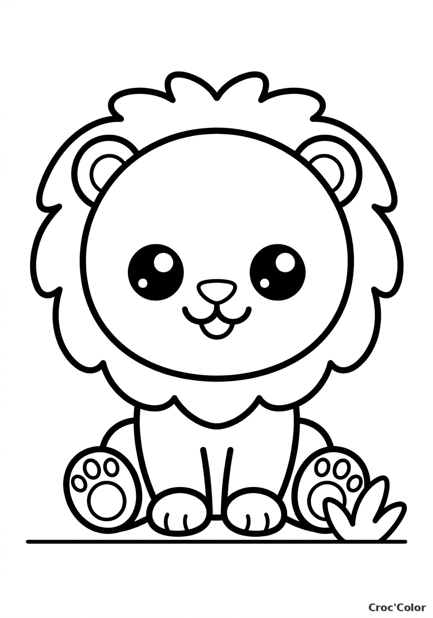 Coloriage Lion Facile Maternelle - Dessin Lionceau Savane Kawaii à Imprimer