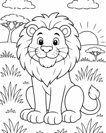 Coloriage Lion Facile Savane - Dessin Lionceau Mignon à Imprimer Gratuit