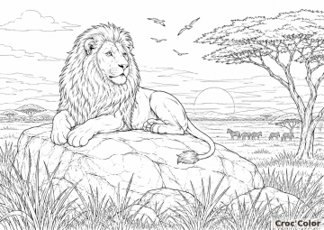 Coloriage Lion Savane Difficile - Dessin Roi Lion Réaliste et Paysage Afrique à Imprimer Gratuit