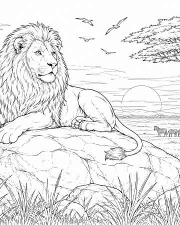 Coloriage Lion Savane Difficile - Dessin Roi Lion Réaliste et Paysage Afrique à Imprimer Gratuit