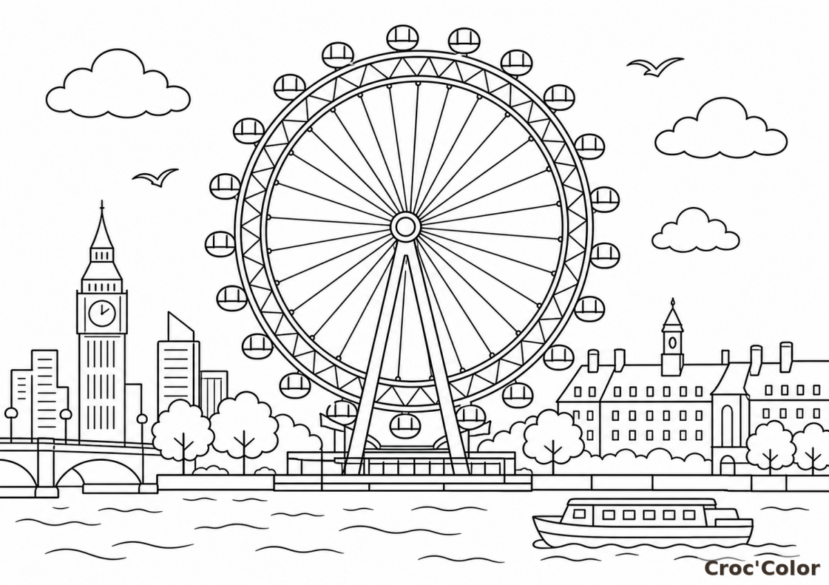 Coloriage London Eye et Big Ben à Londres - Dessin Voyage à Imprimer