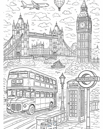 Coloriage Londres Réaliste - Dessin Big Ben, Tower Bridge et Bus Anglais à Imprimer Gratuit