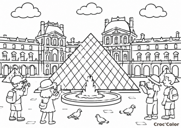 Coloriage Musée du Louvre et Pyramide Paris - Dessin Pyramide du Louvre, Touristes, Fontaine et Pigeons à Imprimer Gratuit