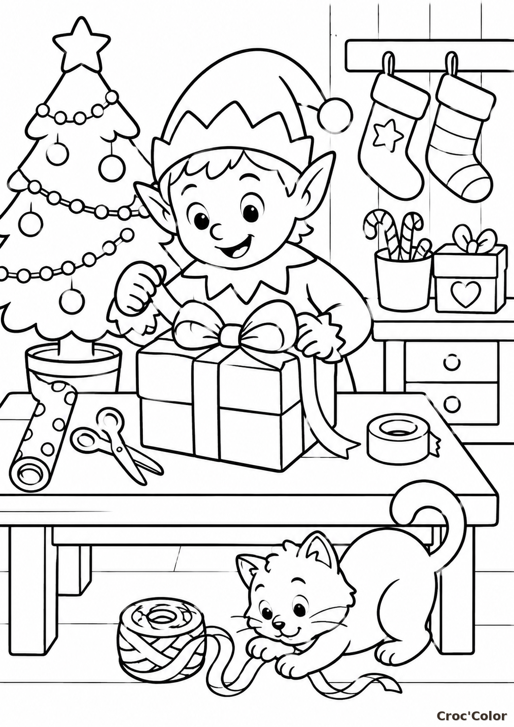 Coloriage Lutin de Noël Emballe un Cadeau - Dessin Lutin, Atelier du Père Noël, Chat et Sapin à Imprimer Gratuit