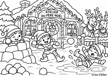 Coloriage Lutins Bataille de Boules de Neige Moyen - Dessin Atelier du Père Noël, Rennes et Fort d'Igloo à Imprimer Gratuit