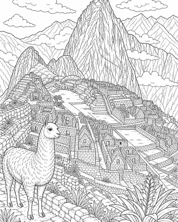 Coloriage Machu Picchu détaillé - cité inca à imprimer