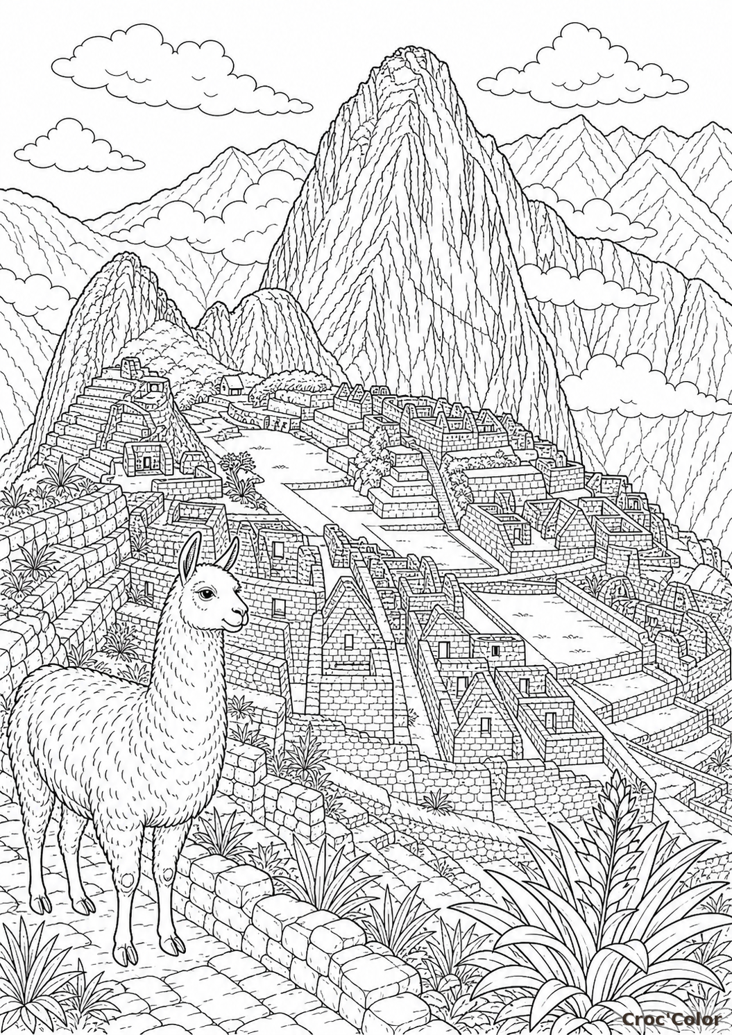 Coloriage Machu Picchu détaillé - cité inca à imprimer