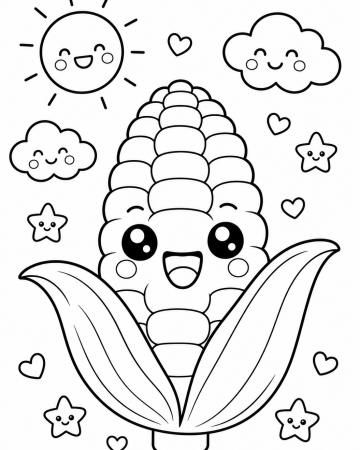 Coloriage Maïs Kawaii Rigolo - Dessin de Légume Facile à Imprimer pour Enfants
