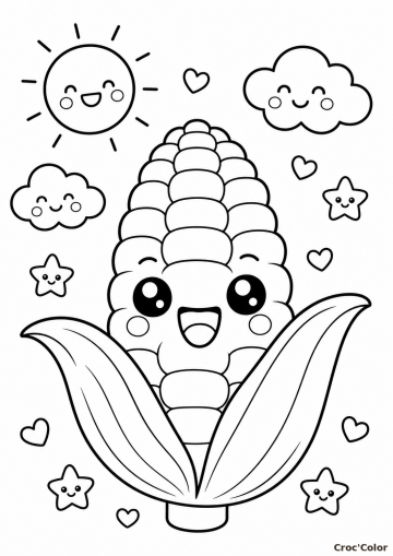 Coloriage Maïs Kawaii Rigolo - Dessin de Légume Facile à Imprimer pour Enfants