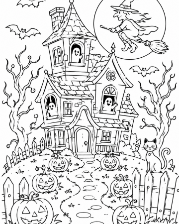 Coloriage Maison Hantée Halloween - Dessin Sorcière, Citrouilles et Fantômes à Imprimer Gratuit