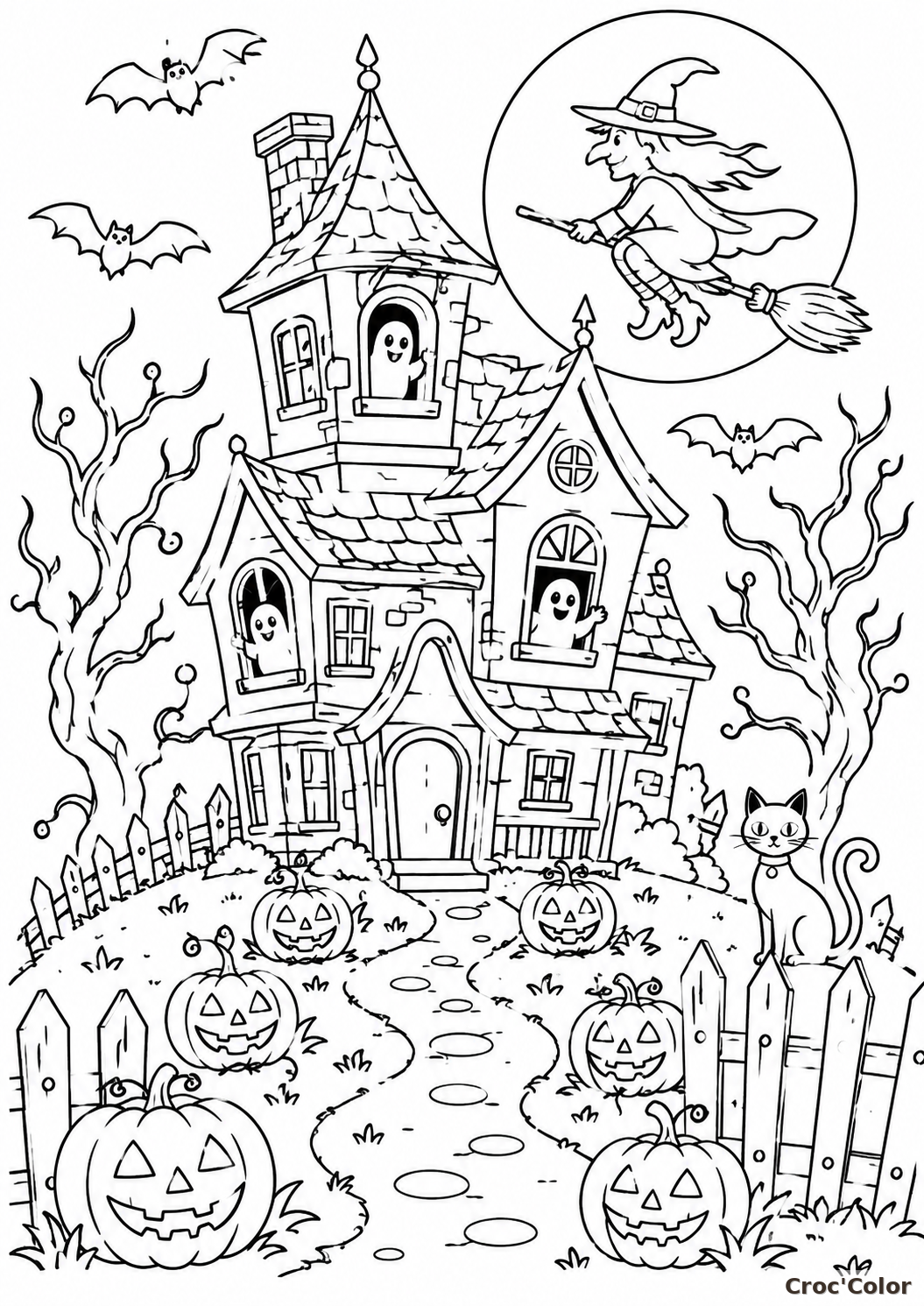 Coloriage Maison Hantée Halloween - Dessin Sorcière, Citrouilles et Fantômes à Imprimer Gratuit